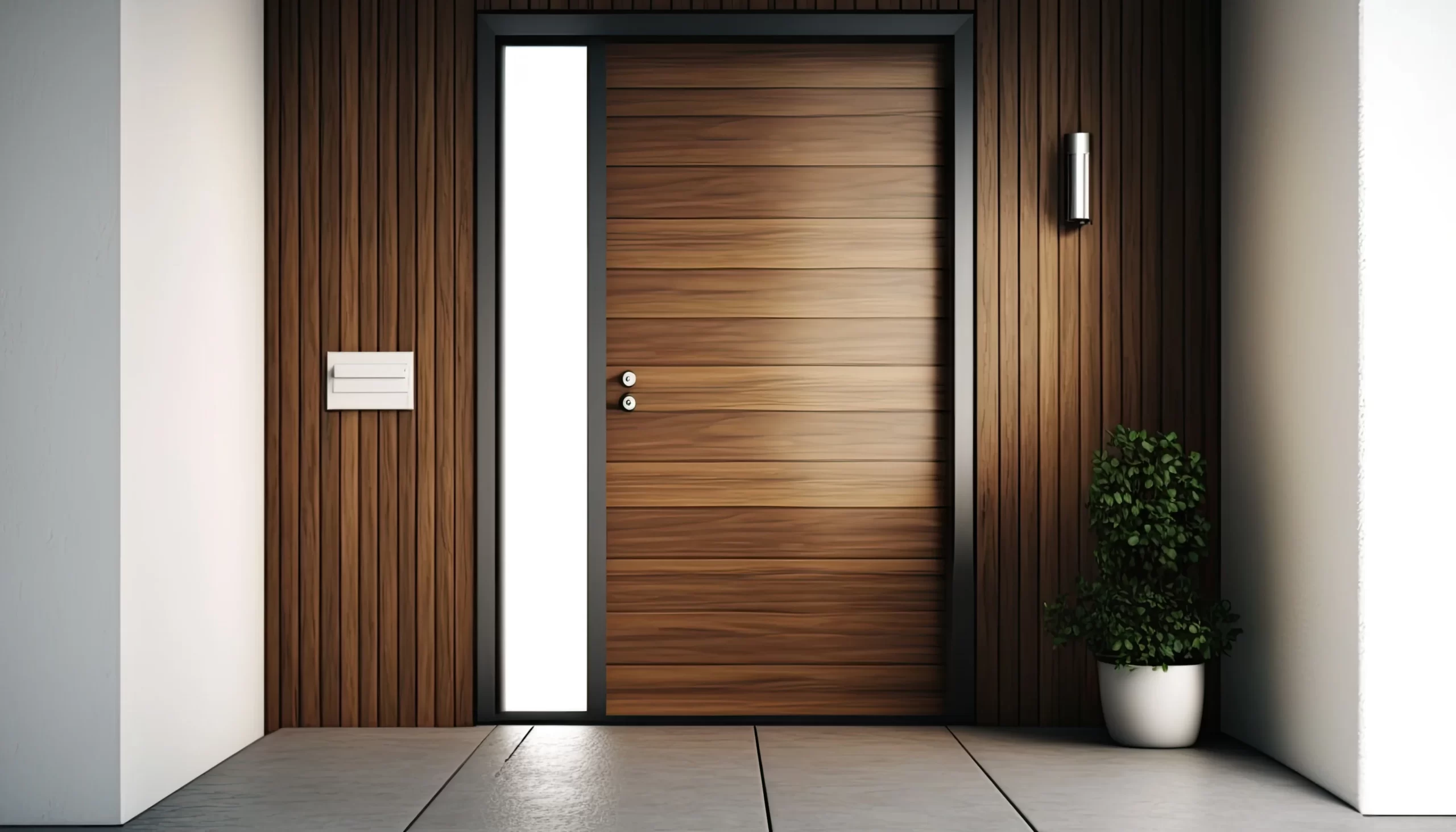 Drzwi zewnętrzne z drewnianym wykończeniem i nowoczesnymi akcesoriami